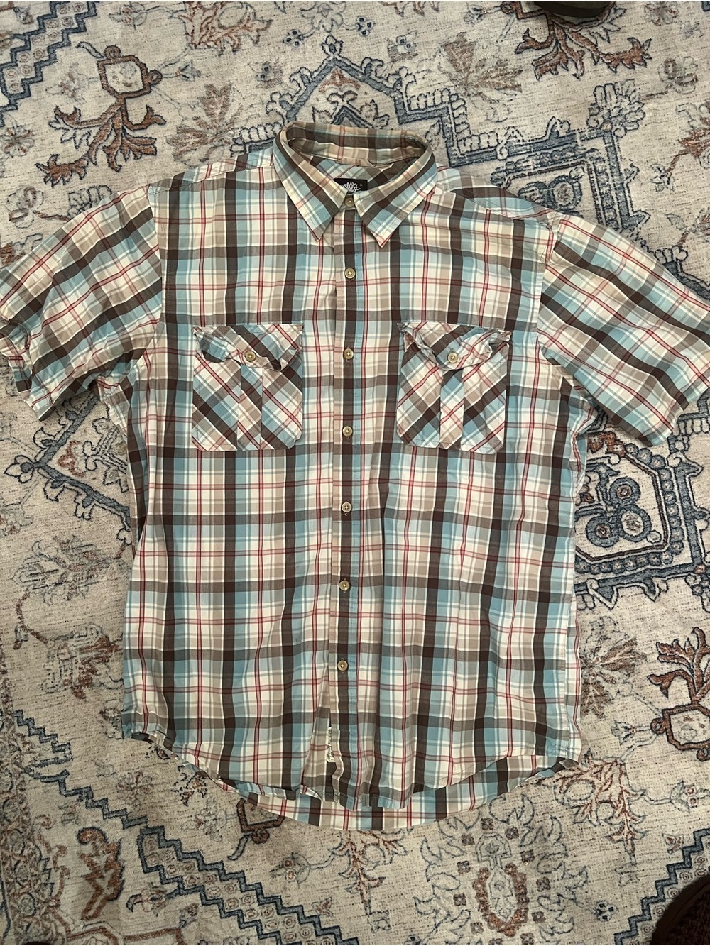 Men's Short-Sleeve Plaid Button-Up Shirt in Brown and Light Blue